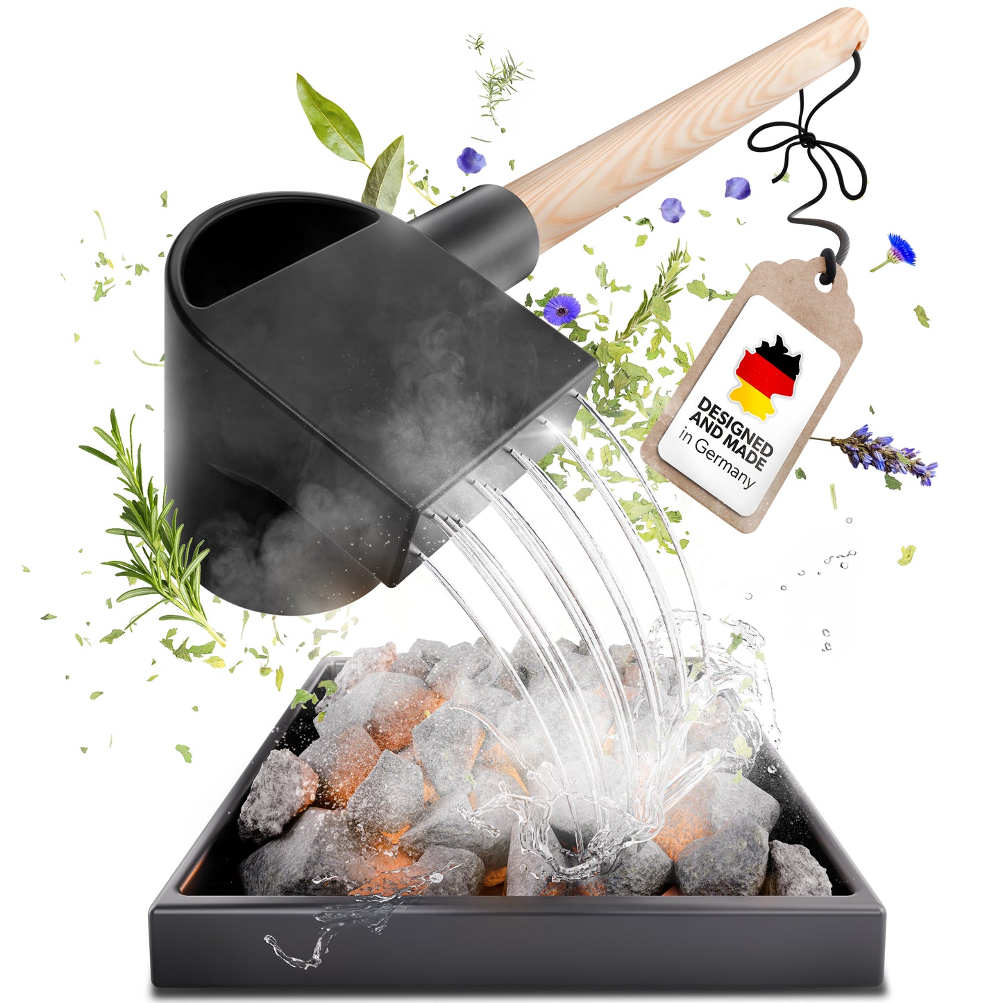 Nachhaltige Saunakelle mit Regeneffekt – 400 ml, 40 cm Fichtengriff, Manufaktur