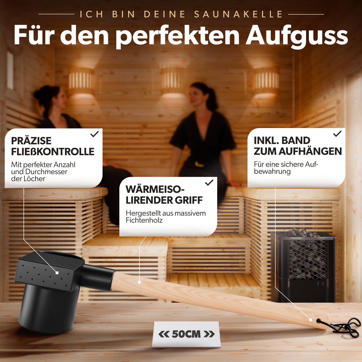 Nachhaltige Saunakelle mit Regeneffekt – 400 ml, 40 cm Fichtengriff, Manufaktur