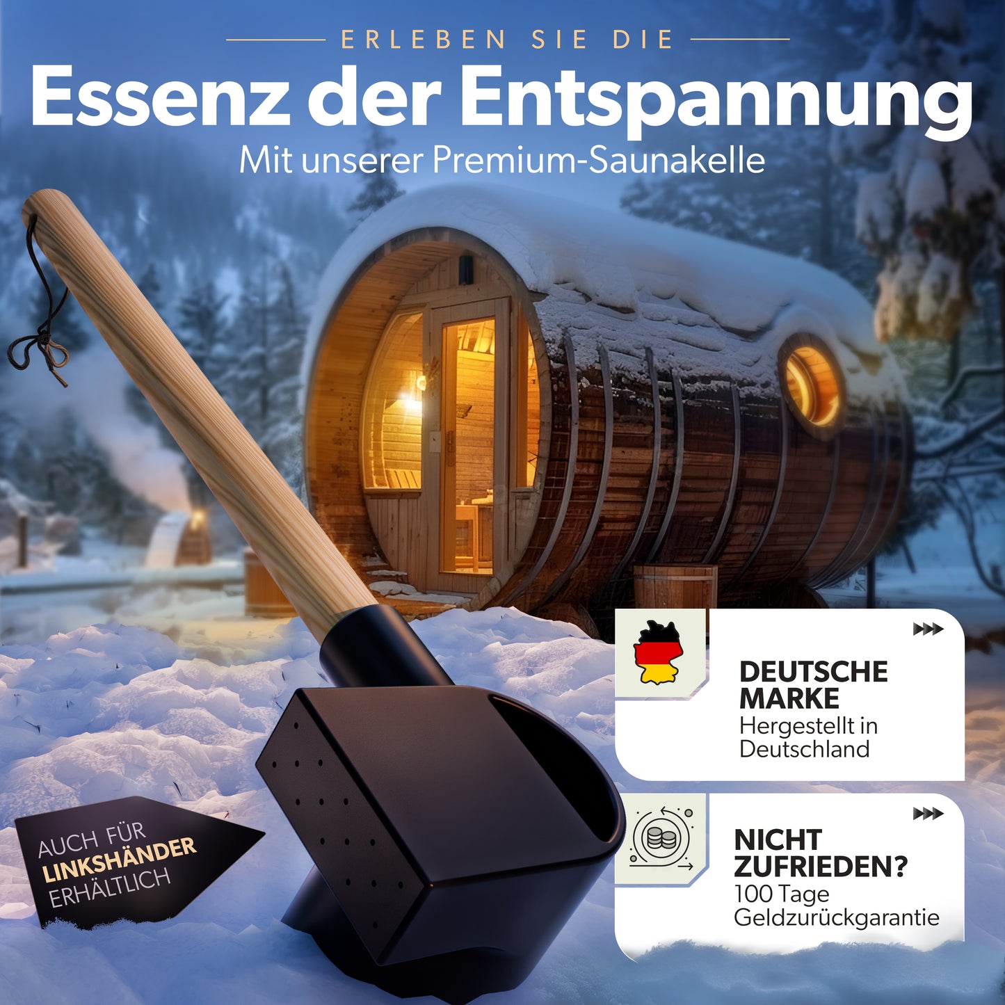 Nachhaltige Saunakelle mit Regeneffekt – 400 ml, 40 cm Fichtengriff, Manufaktur